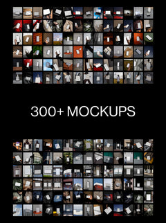 Grid preview of 300+ mockups including iPhone, MacBook, posters, apparel and outdoor scenes