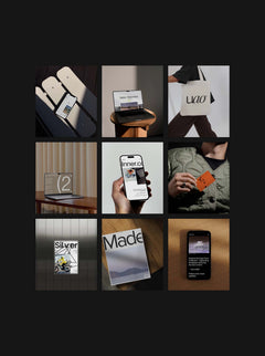 Grid of mockups including iPhone, MacBook, poster, magazine and tote bag in realistic lighting and environments
