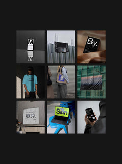 Grid of mockups including iPhone, laptop, posters, billboards and clothing in realistic lighting and environments