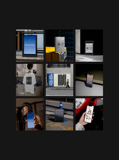 Grid of mockups including billboards, posters, iPhone and clothing in real-world urban environments