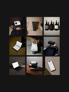 Grid of mockups including packaging boxes, skincare bottles, labels, laptop and iPhone in realistic lighting