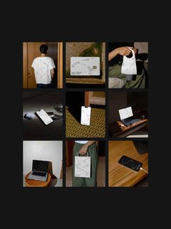 Grid of mockups including t-shirt, iPhone, laptop, packaging and print designs in natural light scenes