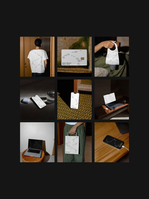 Grid of mockups including t-shirt, iPhone, laptop, packaging and print designs in natural light scenes