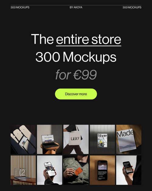 300 premium mockups bundle by Akoya including device, poster, tote bag and print mockups in realistic environments