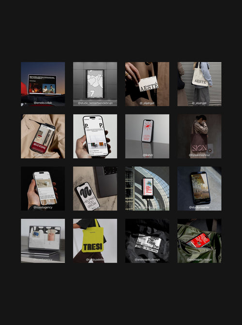Grid of mockups in use featuring iPhone, laptop, posters and apparel designs shared by designers