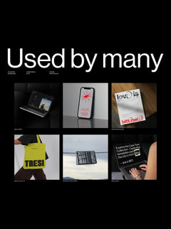 Collection of realistic mockups including iPhone, laptop, poster, and tote bag used by designers and studios