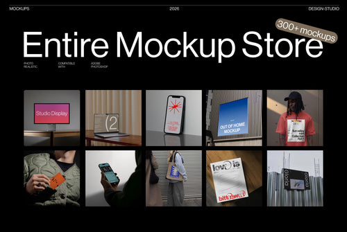 Premium mockup library by Akoya featuring 300+ realistic PSD mockups for devices, print, apparel, and branding